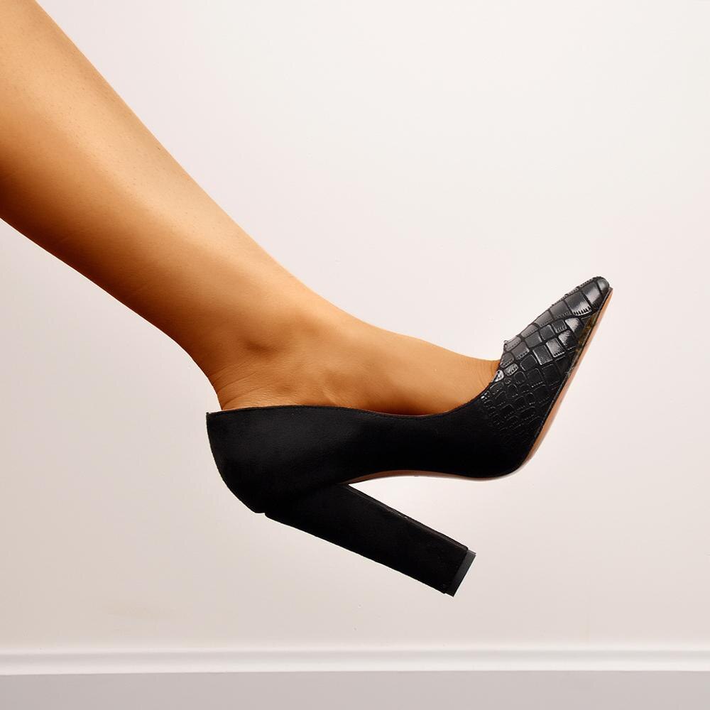 Onlymaker Klassische frauen Spitz Block Chunky High Heel Slip Auf Schuhe Hochzeit Büro Pumpen Faux Wildleder Schwarz Große größe US15 – Bild 3