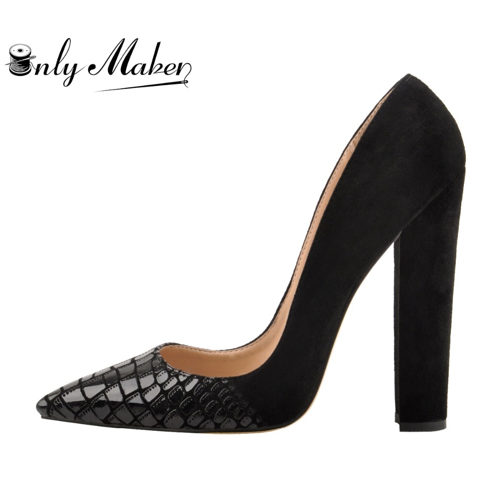 Onlymaker Klassische frauen Spitz Block Chunky High Heel Slip Auf Schuhe Hochzeit Büro Pumpen Faux Wildleder Schwarz Große größe US15