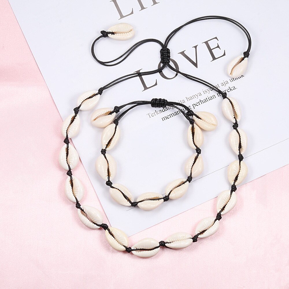 Original Design Schalen Halskette Armband One Set Natur Muscheln Stricken Kette Seil Mädchen Choker Armbänder Schmuck Geschenk Einstellbar – Bild 3