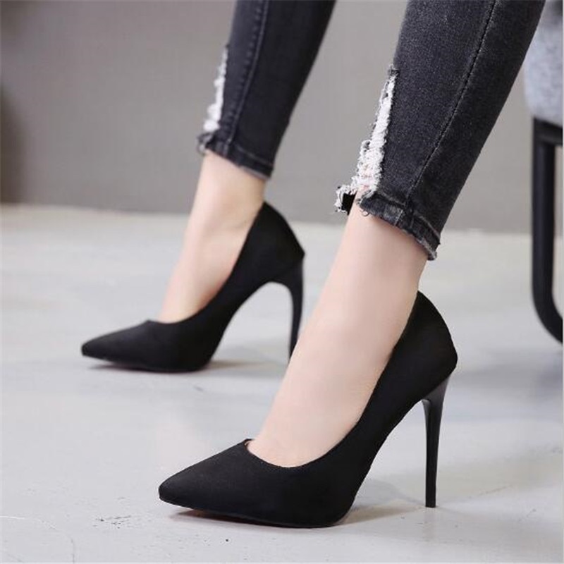 Plus Größe 44 Pumpen Frauen Schuhe Rot Flock Slip-Auf Flach Hochzeit Party Spitz High Heels Pumpe Chaussures femme 2019