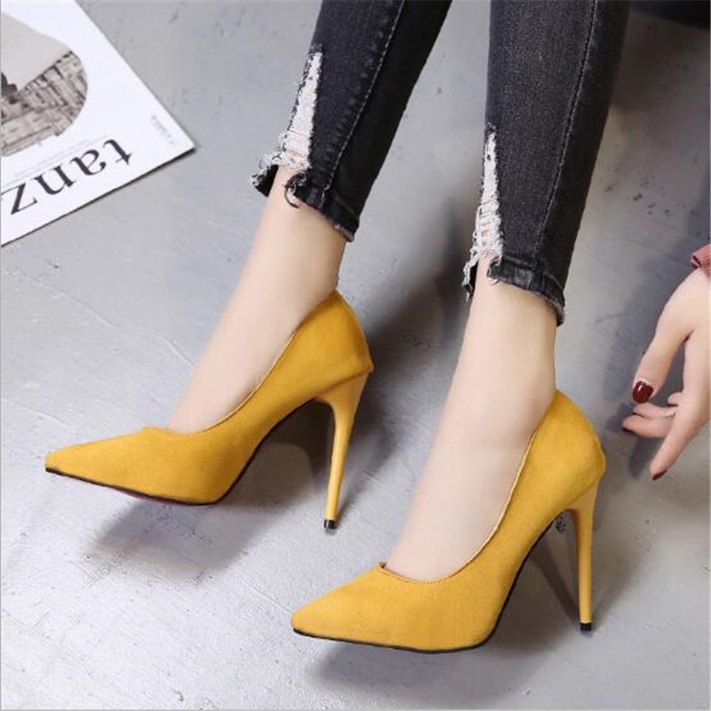 Plus Größe 44 Pumpen Frauen Schuhe Rot Flock Slip-Auf Flach Hochzeit Party Spitz High Heels Pumpe Chaussures femme 2019 – Bild 3