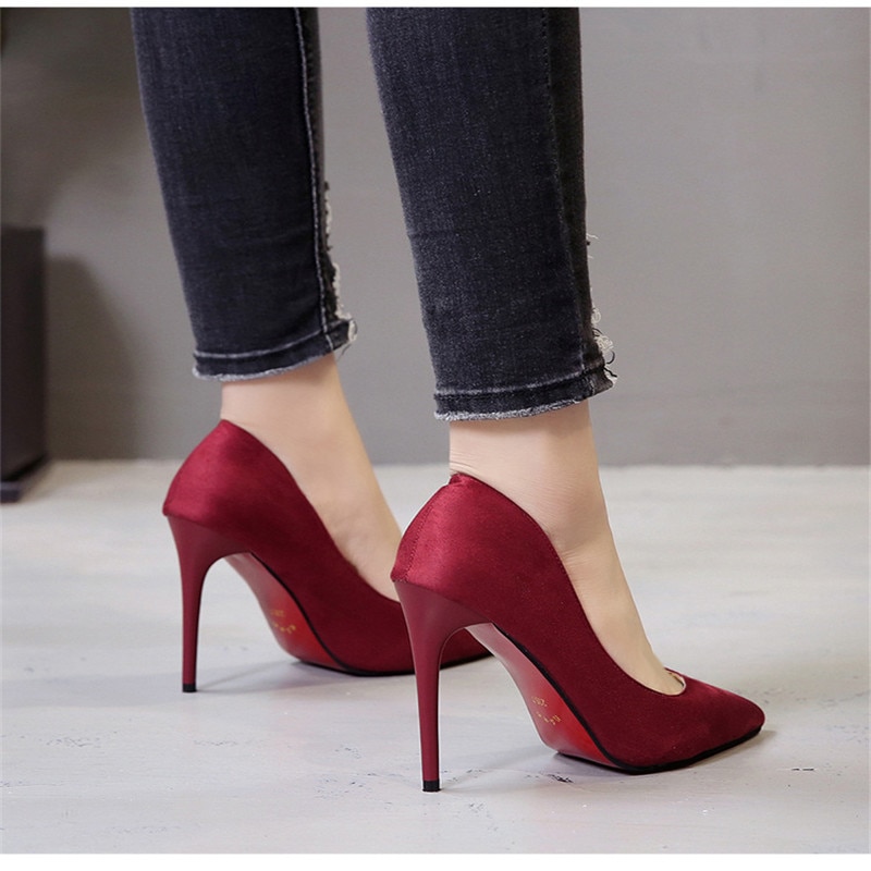 Plus Größe 44 Pumpen Frauen Schuhe Rot Flock Slip-Auf Flach Hochzeit Party Spitz High Heels Pumpe Chaussures femme 2019 – Bild 5
