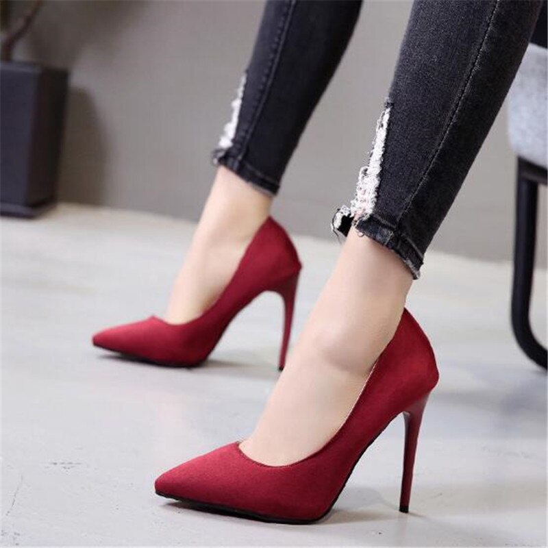 Plus Größe 44 Pumpen Frauen Schuhe Rot Flock Slip-Auf Flach Hochzeit Party Spitz High Heels Pumpe Chaussures femme 2019 – Bild 2