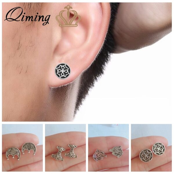 QIMING Nordic Stil Aussage Ohrringe Männer Pagan Schmuck Silber Schwarz Viking Vintage frauen Stud Ethnische Ohrringe Mann Geschenk