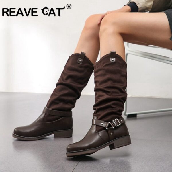 REAVE KATZE Neue Western stiefel für Frau mittler-kalb slip auf stiefel cowboy schuhe runde kappe niedrigen ferse falten nieten große größe 44 45 48