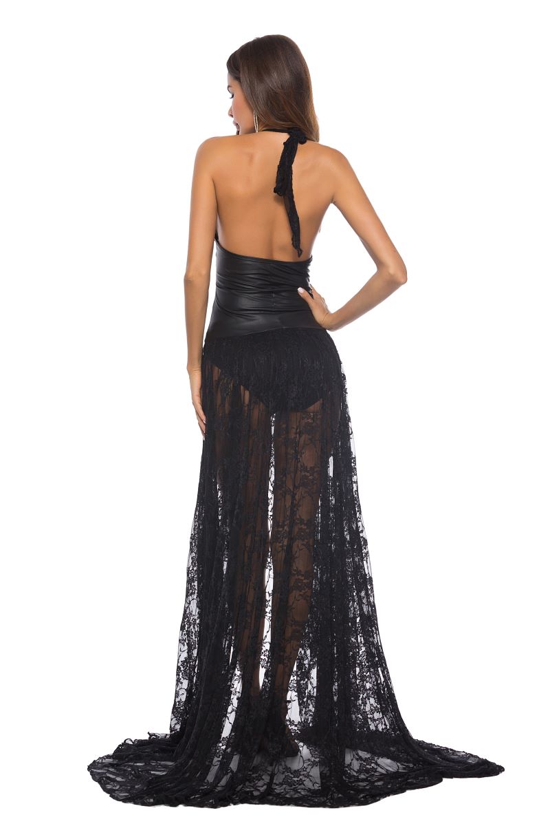 Reife Frauen Sexy Faux Leder Spitze Mesh Engen Kleid Weibliche Body Plus Größe Erotische Latex Backless Abend Dinner-Party – Bild 3