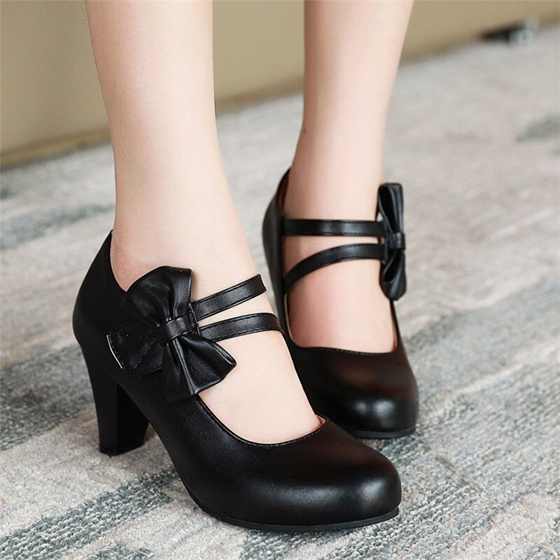 Rosa Lolita Schuhe Weiß Mary Jane High Heels Schuhe für Frauen Pumps Block Heels Süße Bogen Damen Kleid Schuhe Große größe 44 45 46 47 – Bild 3