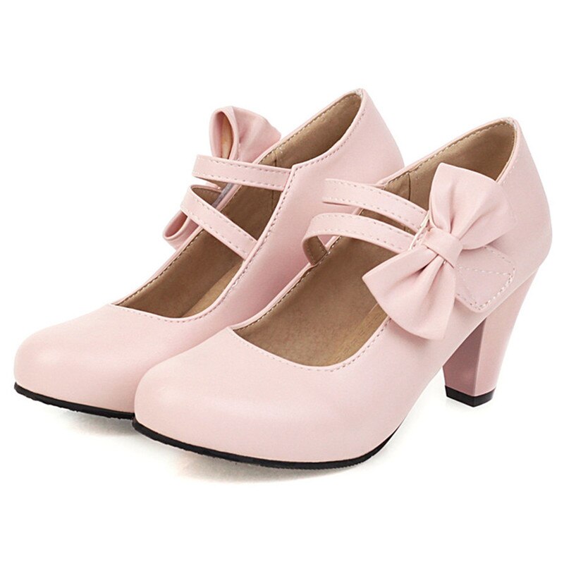 Rosa Lolita Schuhe Weiß Mary Jane High Heels Schuhe für Frauen Pumps Block Heels Süße Bogen Damen Kleid Schuhe Große größe 44 45 46 47 – Bild 4
