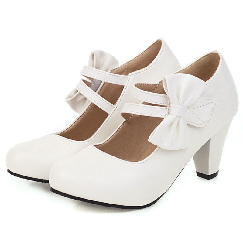 Rosa Lolita Schuhe Weiß Mary Jane High Heels Schuhe für Frauen Pumps Block Heels Süße Bogen Damen Kleid Schuhe Große größe 44 45 46 47 – Bild 5