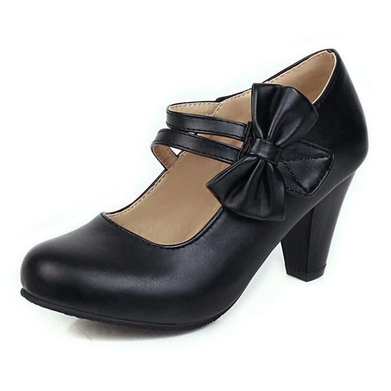 Rosa Lolita Schuhe Weiß Mary Jane High Heels Schuhe für Frauen Pumps Block Heels Süße Bogen Damen Kleid Schuhe Große größe 44 45 46 47 – Bild 6