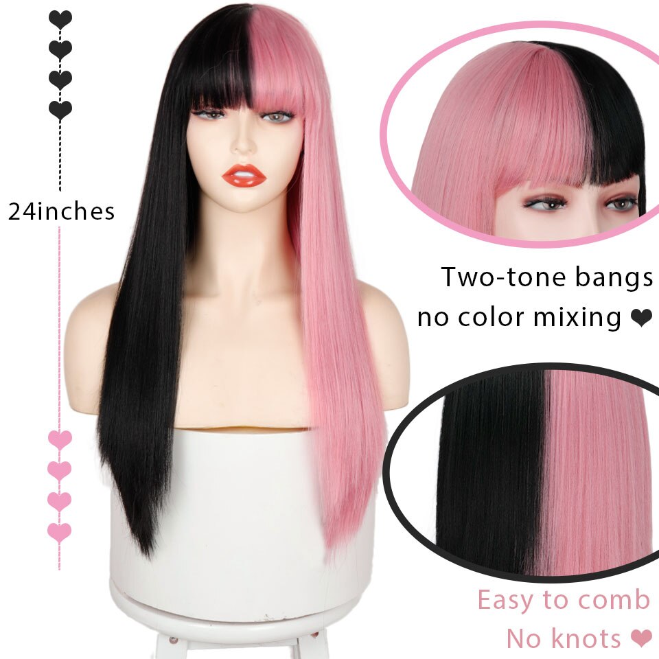Rosa und Schwarz Perücke Lange Gerade haar Cosplay Perücke Zwei Ton Ombre Farbe Frauen Synthetische Haar Perücken – Bild 2