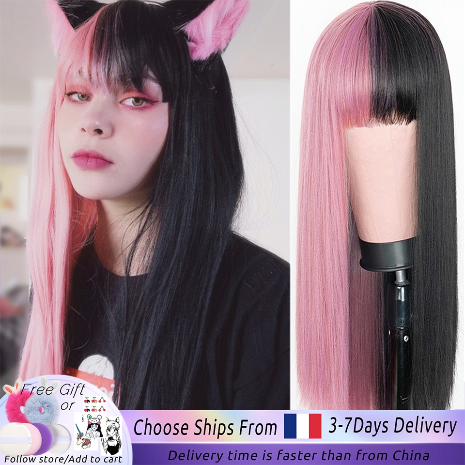 Rosa und Schwarz Perücke Lange Gerade haar Cosplay Perücke Zwei Ton Ombre Farbe Frauen Synthetische Haar Perücken
