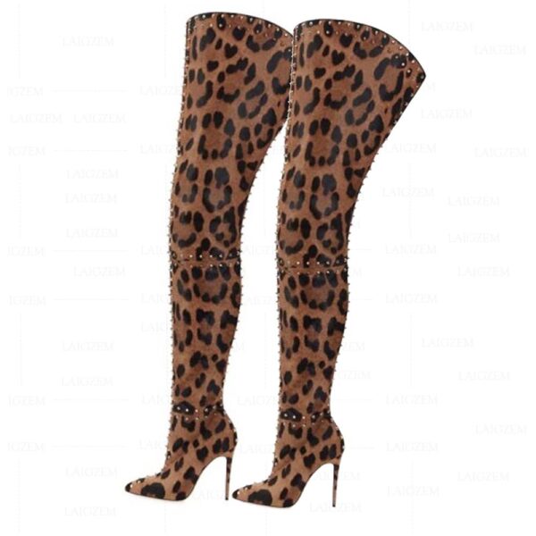 SEIIHEM SEXY Frauen Gabelung Hohe Stiefel Leopard Verzierte Zurück Zip Stiletto Heels Oberschenkel Hohe Stiefel Schuhe Frau Große Größe 34 43 44 47