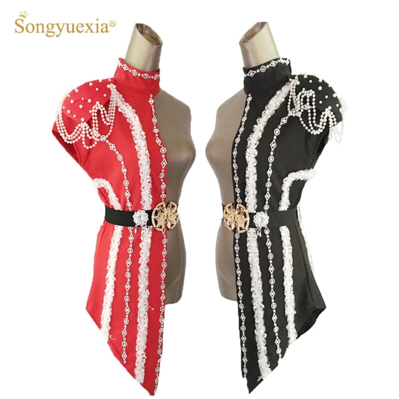 SONGYUEXIA Neue Mode Frauen Patchwork Set Bühne Sängerin DS DJ Kostüm für Erwachsene Tanzen Kleidung mit Weiß Perle Kette Kragen
