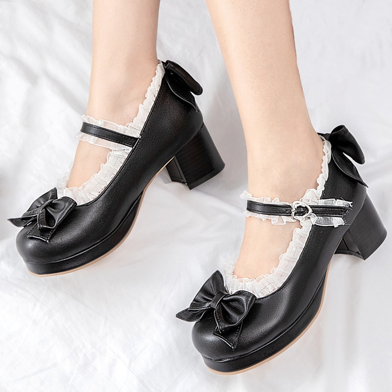 Schwarz Lolita Schuhe für Frauen High Heels Plattform Pumps Block Heels Schuhe Frau Große Größe 42 43 44 45