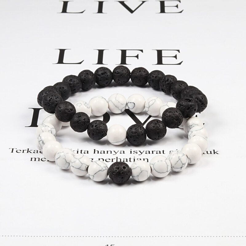 Set Armband Paare Abstand Schwarz Weiß Natürliche Lava Stein Tiger Eye Perlen Yoga Armbänder für Männer Frauen Elastische Seil Schmuck – Bild 2