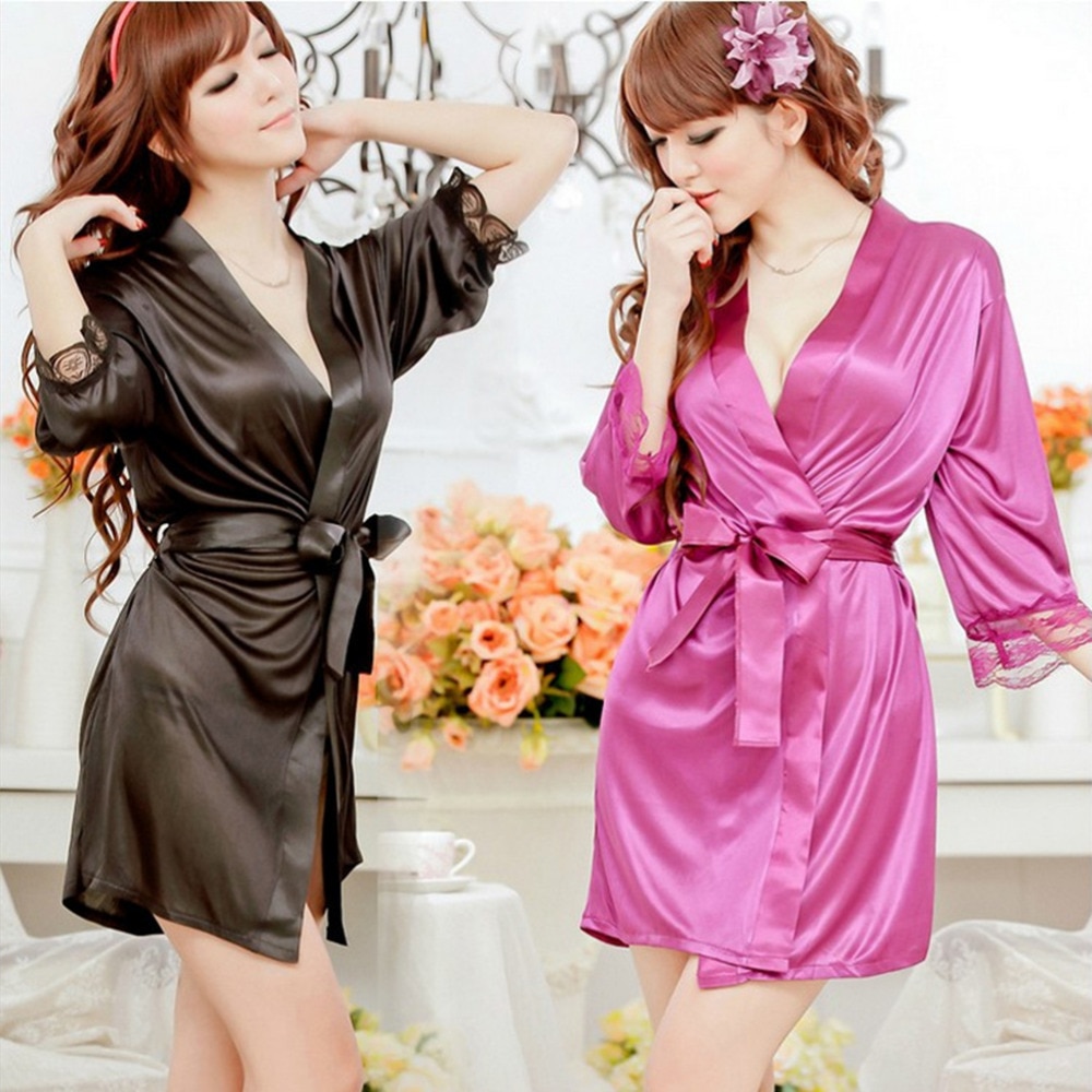 Sexy Dessous Plus Größe Satin Spitze Schwarz Kimono Intimate Nachtwäsche Robe Sexy Nacht Kleid Frauen Erotische Unterwäsche