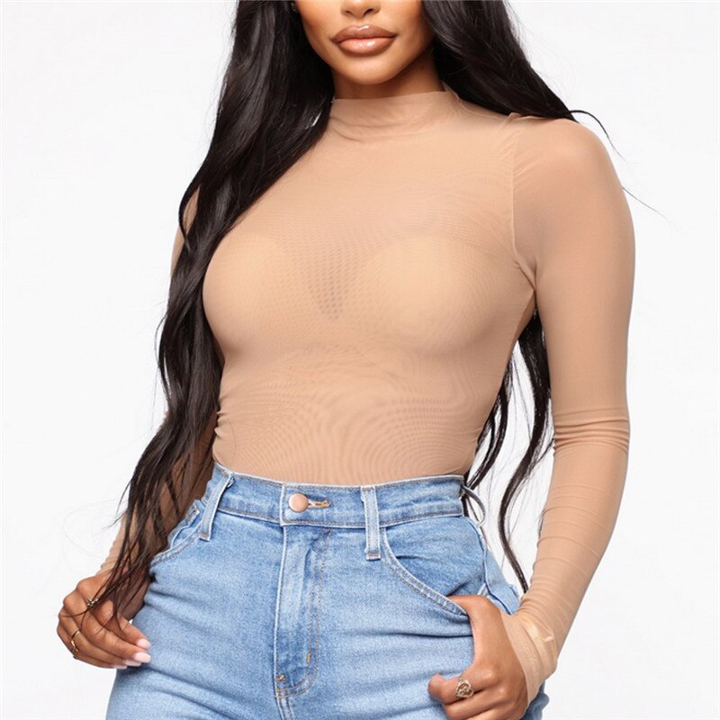 Sexy Frauen Langarm Body Hohe Cut Trikot Tanga Clubwear Overall Overall Dessous Fit Mesh Top – Bild 2