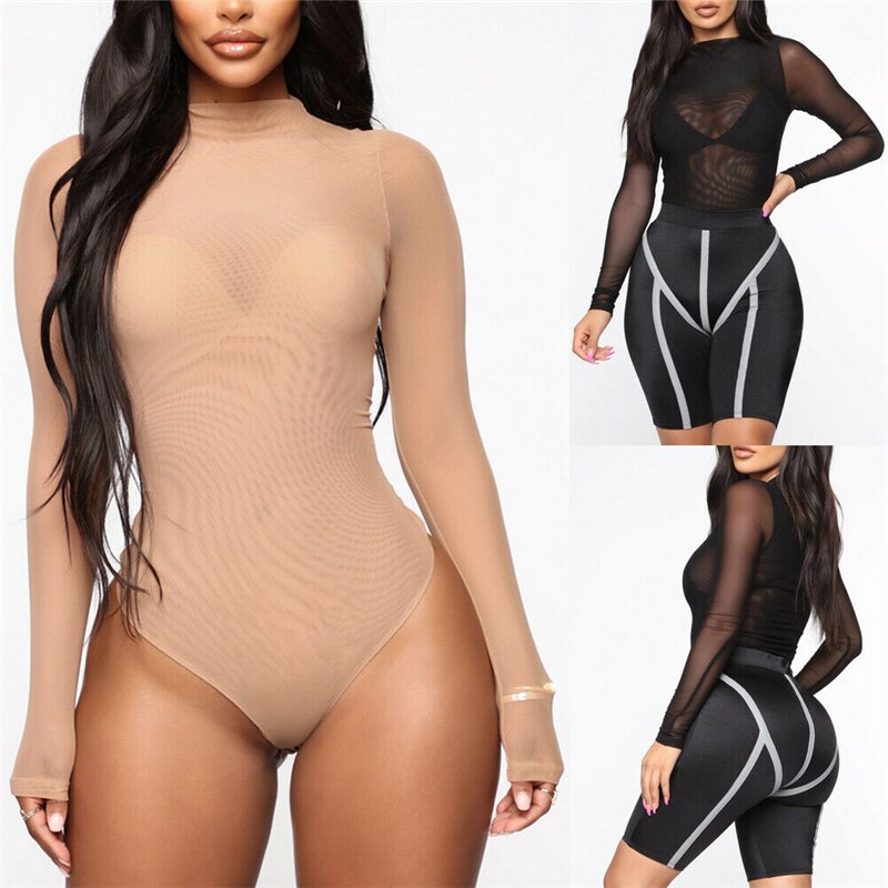 Sexy Frauen Langarm Body Hohe Cut Trikot Tanga Clubwear Overall Overall Dessous Fit Mesh Top – Bild 3
