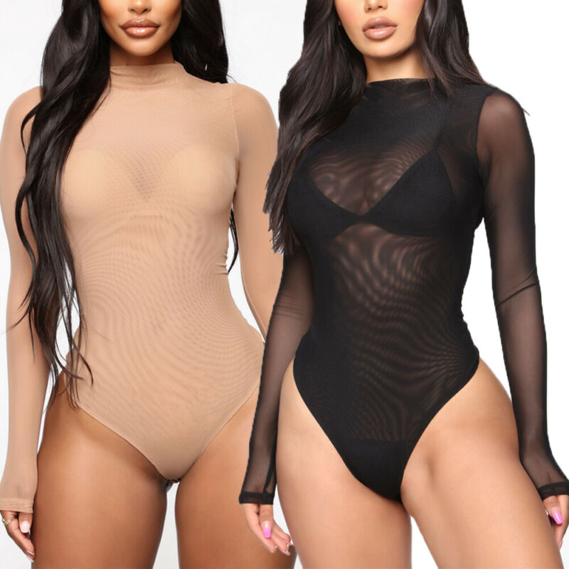 Sexy Frauen Langarm Body Hohe Cut Trikot Tanga Clubwear Overall Overall Dessous Fit Mesh Top