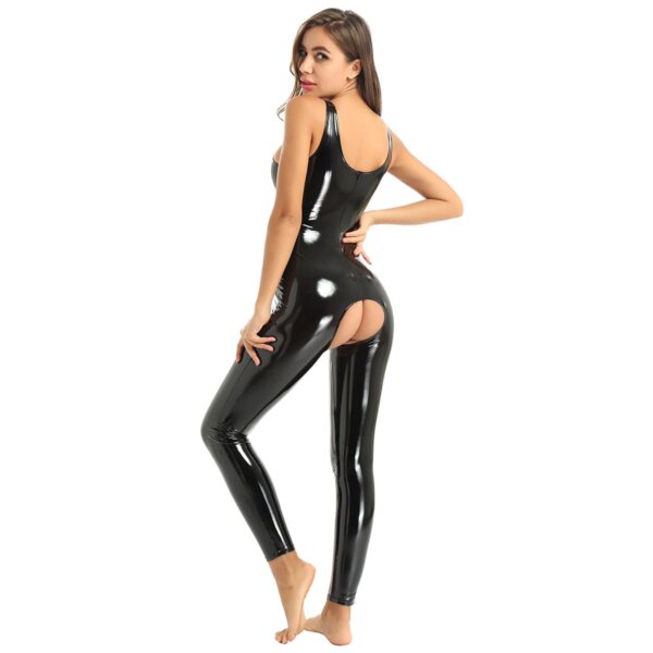Sexy Frauen Latex Overall Catsuit Dessous Wet Look Leder Ärmel Open Gabelung Bodysuit Pole Rave Abend Clubwear Kostüme