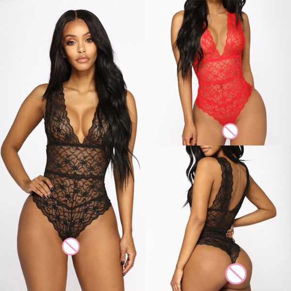 Sexy Lace Lingerie Bodysuit Backless Body Stockings Women Catsuit Underwear Sleepwear G-string Hot Red Black Erotic see through