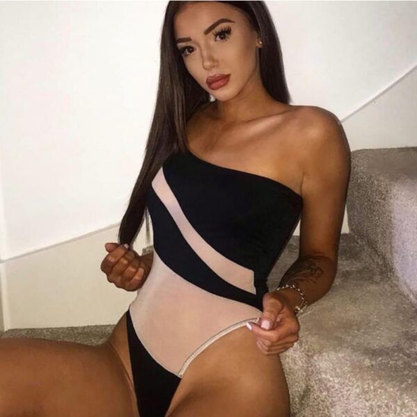 Sexy Mesh Patchwork Eine Schulter Ärmellose Frauen Body Sommer Urlaub Strand Einteiliges Badeanzug Kleidung