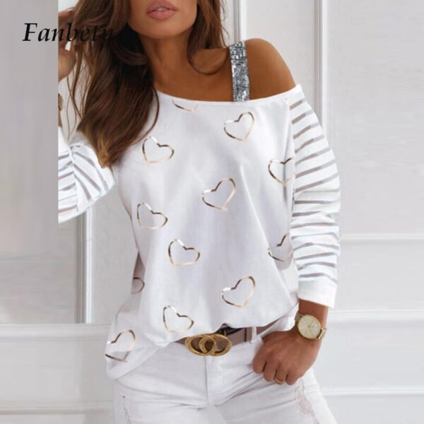 Sexy Off Schulter Liebe Herz Druck Damen Bluse Frauen Elegante Slash Neck Taste Tops Casual Plus Größe Lose Blusas Streetwear