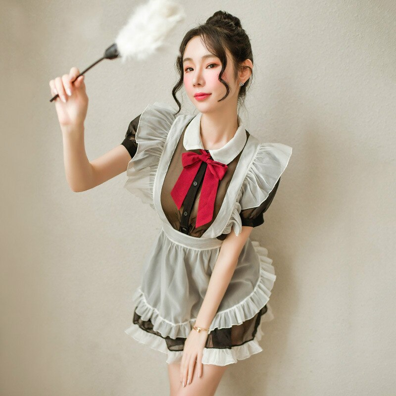 Sexy Rock für Sex Frauen Transparent Mesh Maid Kostüm Sommer Sexi Kawaii Dessous Unterwäsche Set Maid Kleid Schürze Bogen T-hose – Bild 2