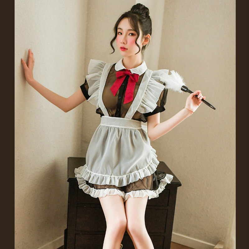 Sexy Rock für Sex Frauen Transparent Mesh Maid Kostüm Sommer Sexi Kawaii Dessous Unterwäsche Set Maid Kleid Schürze Bogen T-hose – Bild 5