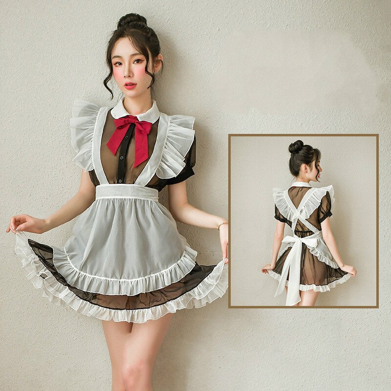 Sexy Rock für Sex Frauen Transparent Mesh Maid Kostüm Sommer Sexi Kawaii Dessous Unterwäsche Set Maid Kleid Schürze Bogen T-hose – Bild 6