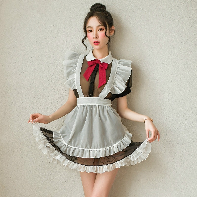 Sexy Rock für Sex Frauen Transparent Mesh Maid Kostüm Sommer Sexi Kawaii Dessous Unterwäsche Set Maid Kleid Schürze Bogen T-hose