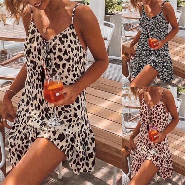 Sexy Spaghetti Strap Leopard Print Strand Kurze Robe Frau Kleid 2021 Sommer Lose Beiläufige Boho Party Kleider Plus Größe Vestidos