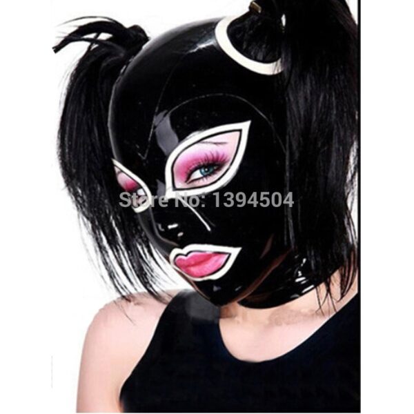 Sexy dessous exotische handgemachte Frauen schwarz Latex Maske Haube Fetisch Gummi Pull-durch Löcher Für Haar Hauben Plus Größe heißer Verkauf