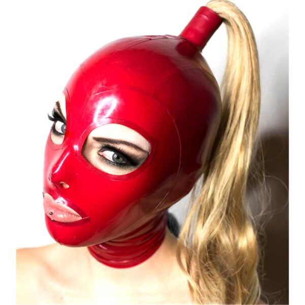 Sexy exotische dessous handgemachte roten latex hauben mit blond perücke tress pferdeschwanz cekc club wear fetisch kostüme costomize größe XS-XXL