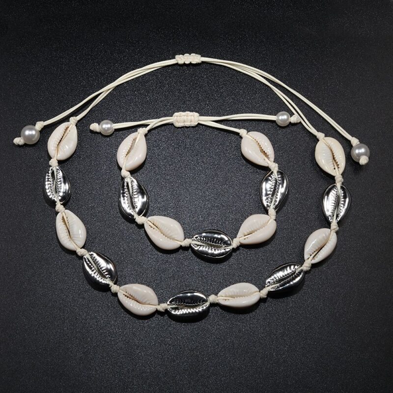 Shell Halskette & Armband Böhmen Natur Gold Muschel Kauri Charme Halsketten Für Frauen Halsband Seil Kette Armbänder Sommer Schmuck – Bild 5