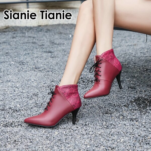 Sianie Tianie Lace Up Frauen Schuhe Hohe Ferse Stiefeletten Kurze Stiefel Herbst Frühling Spitz Roten Pumps Dame Schuhe große Größe 44 43