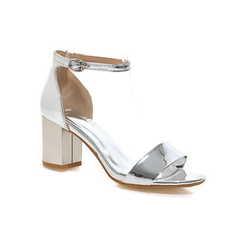Sianie Tianie Patent PU Offene spitze Frau Sommer Schuhe Silber Gold Rosa Schnalle Block High Heels Frauen Sandalen Plus größe 44 45 – Bild 4