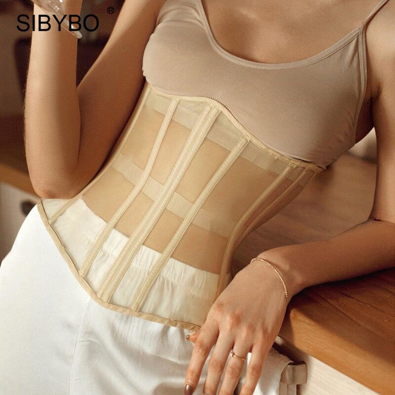 Sibybo Schwarz Mesh Zurück Lace Up Taille Korsett Tops Frauen Mode Verband Schlank Breite Gürtel Elegante Femme Streetwear Sexy Weste tees