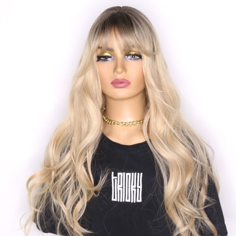 Sivir Ombre Schwarz Braun Synthetische Perücken mit Pony für Schwarze Frau Lange Natürliche Welle Cosplay Hitzebeständige Fibre perücken für frauen – Bild 2