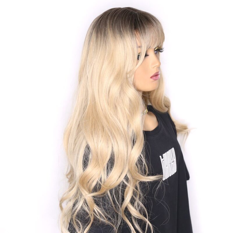 Sivir Ombre Schwarz Braun Synthetische Perücken mit Pony für Schwarze Frau Lange Natürliche Welle Cosplay Hitzebeständige Fibre perücken für frauen – Bild 4
