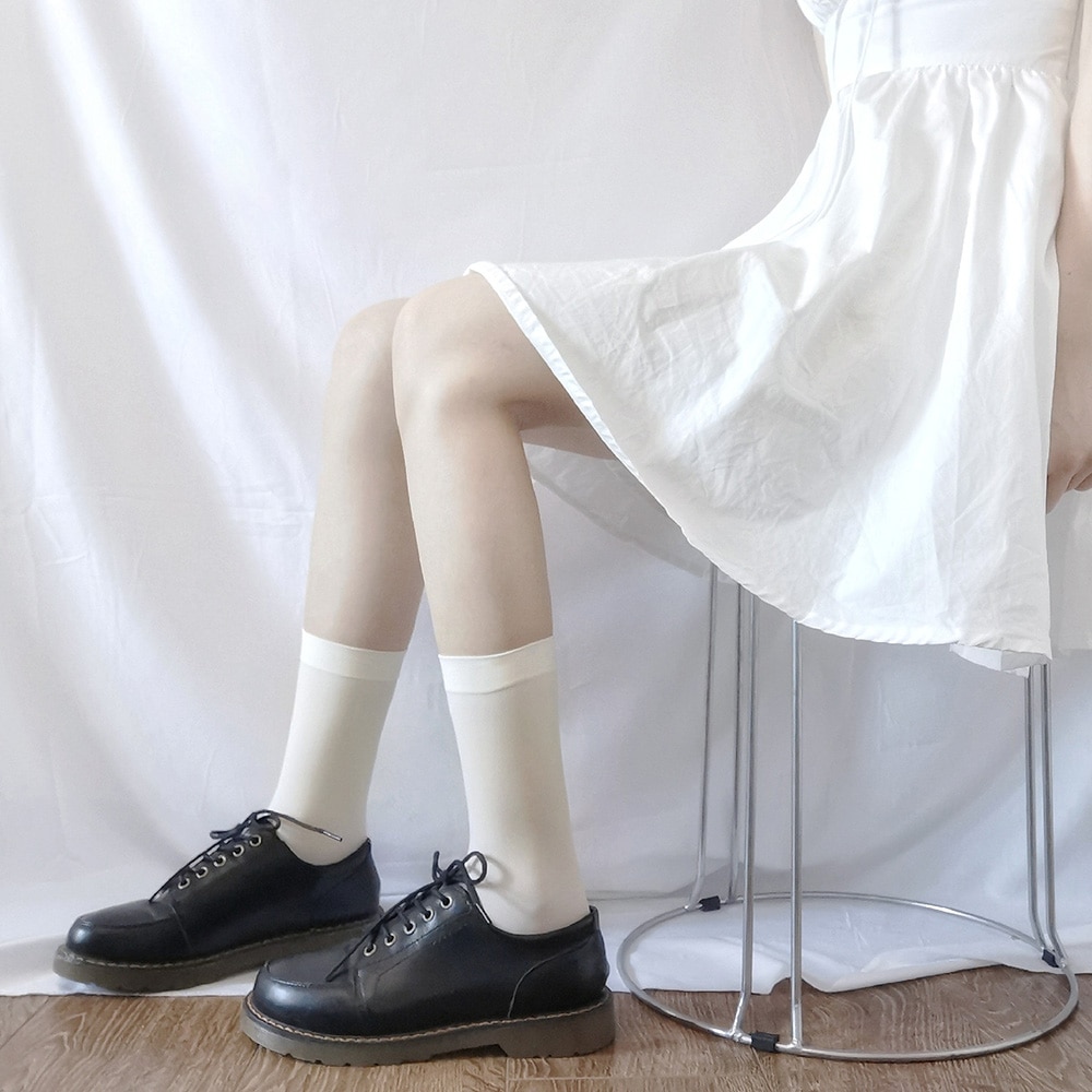 Solide Lange Strümpfe Frauen Dünne Hohe Knie Socken Japan Schwarz Weiß Samt Strumpf Bein Calcetines Medias – Bild 5