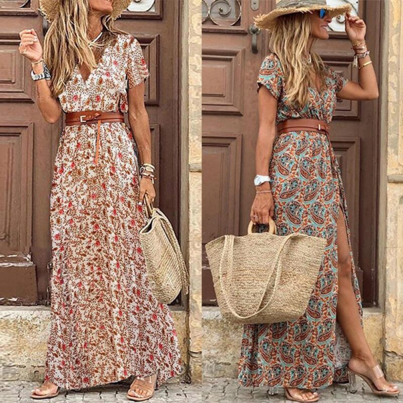 Sommer Boho Böhmischen Lange Kleid Frauen 2021 Chiffon-Oversize-Kurzarm Paisley Gürtel Saum Strand Kleid Beiläufige Elegante Sommerkleid