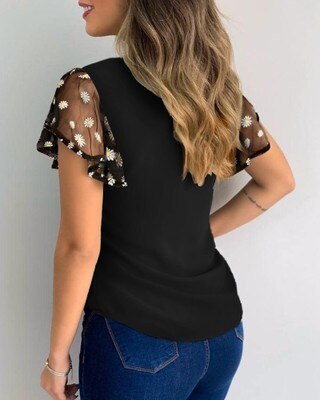 Sommer Frauen Shirts Elegante Schmetterling Kurzen Ärmeln Bluse Rüschen Tops Solide Aushöhlen Lose Blumen Stickerei Casual Dame Tops – Bild 4