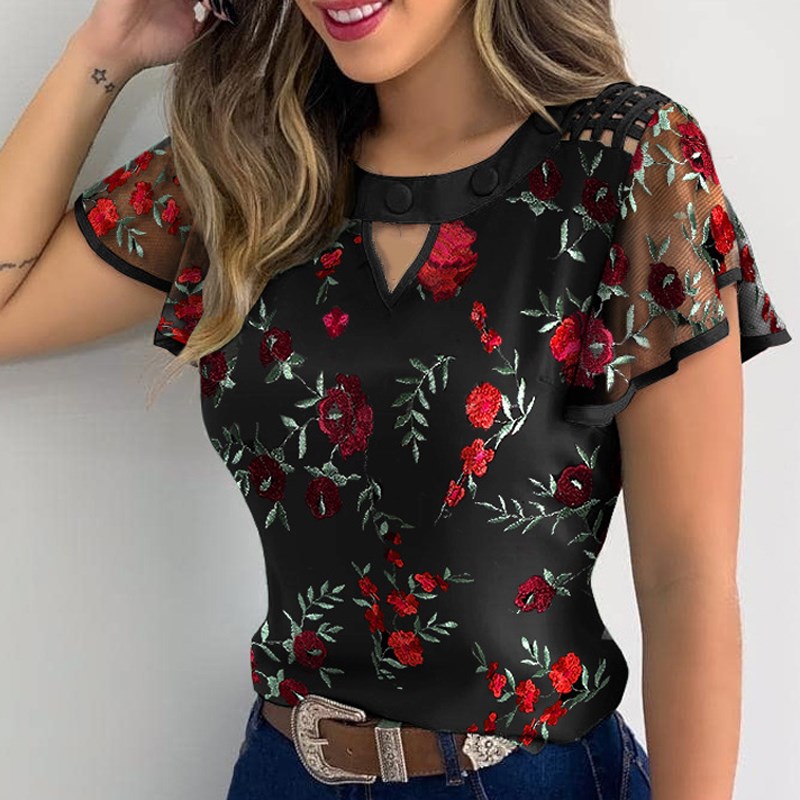 Sommer Frauen Shirts Elegante Schmetterling Kurzen Ärmeln Bluse Rüschen