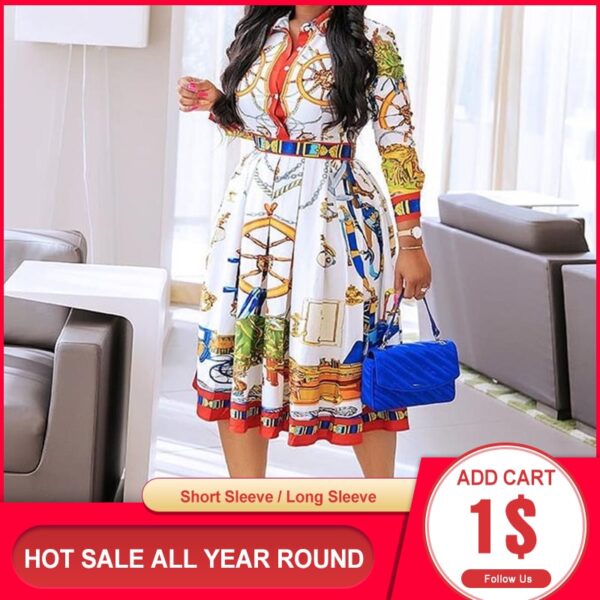 Sommer Herbst Revers Mid-Kalb Hohe Taille Kleid Big Plus Größe Geometrische Gedruckt Elegante Büro Damen Tunika Plissee Midi kleid Y2K