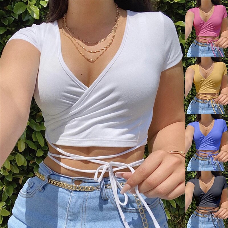Sommer Solide V Neck T Shirts Frauen Kurzarm Kurze Tops Crop Tops Damen Casual Tops Tees Weibliche Shirts Weiß rosa Optional