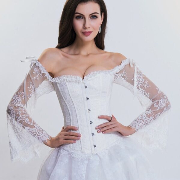 Steampunk Korsett Bustier Gothic Mieder Sexy Lange Hülse Spitze Mieder Lace Up Bustiers Korsett Weiß Korsett für Party Hochzeit