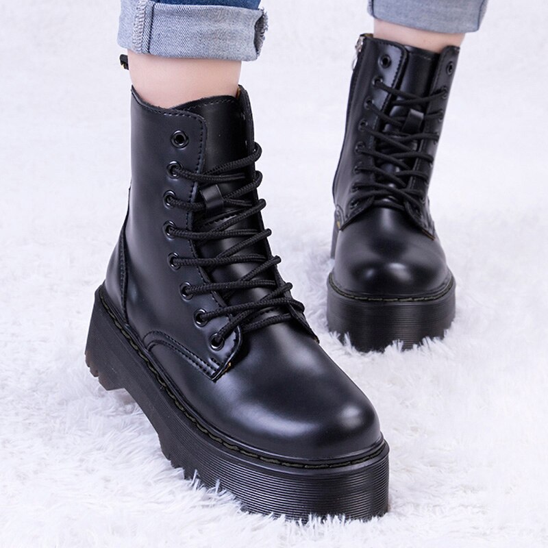Stiefeletten Frauen 2020 Winter Hohe Plattform Dicken Heels Chunky für Plattform Stiefel Flache Schuhe Herbst Punk Leder Motorrad Boot – Bild 5
