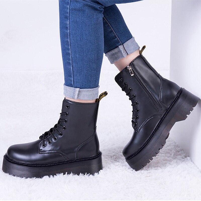 Stiefeletten Frauen 2020 Winter Hohe Plattform Dicken Heels Chunky für Plattform Stiefel Flache Schuhe Herbst Punk Leder Motorrad Boot – Bild 6